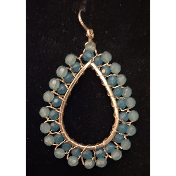 Aqua Blue Wire Beaded Boho Teardrop Dangle Pierced Wire Earrings - Picture 2 of 5